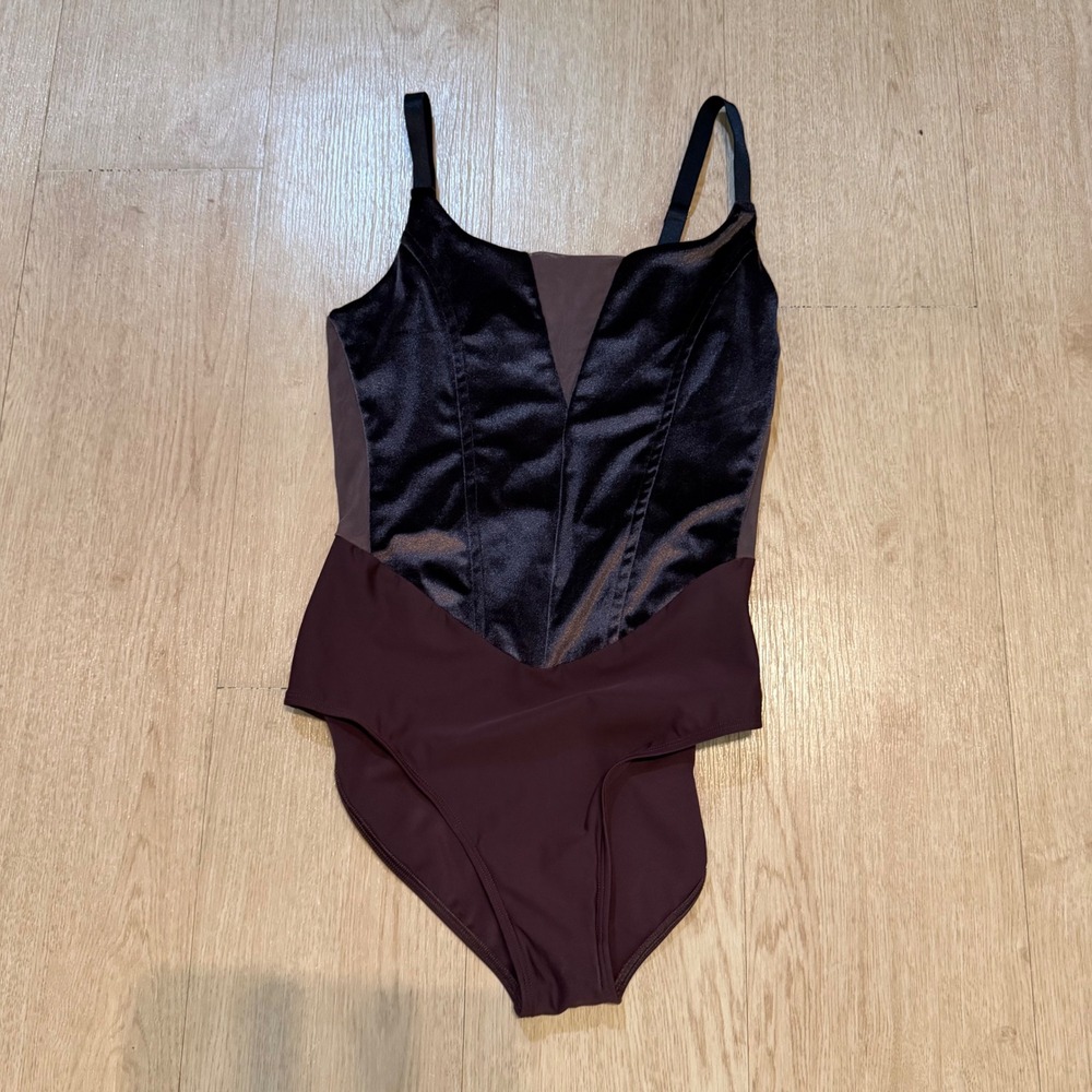 Bodile Womens M/L Ballet Leotard Chocolate Mesh Back NWOT M/L
